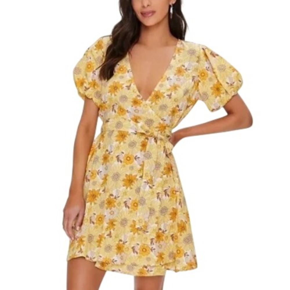 Forever 21 Women's Sunflower Wrapped Puff Sleeve Retro Mini Dress Size S